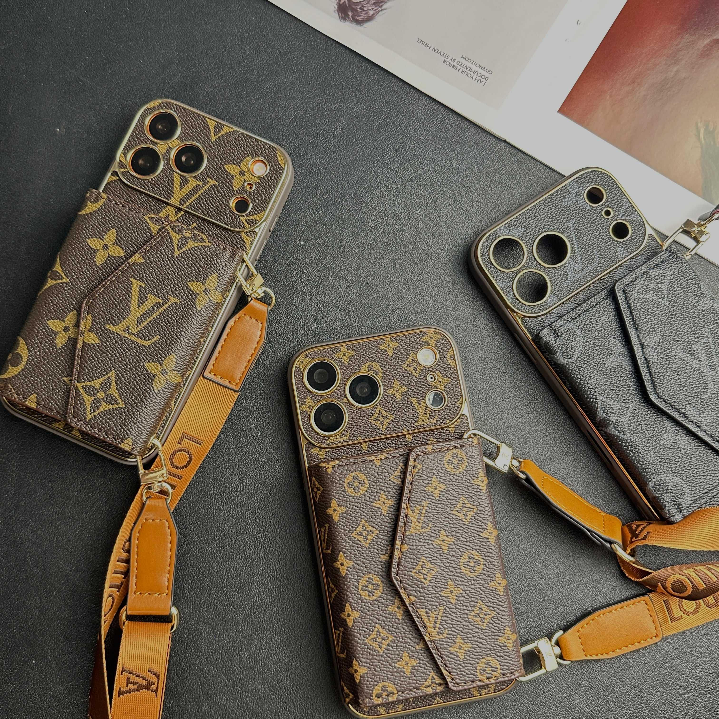 Classic Leather Monogram iPhone Case With Wallet And Crossbody Strap For iPhone 17 Series-RCLV141