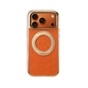 Orange MagSafe leather iPhone case with hand grip from PADUCASE, offering full protection and secure grip for iPhone models.