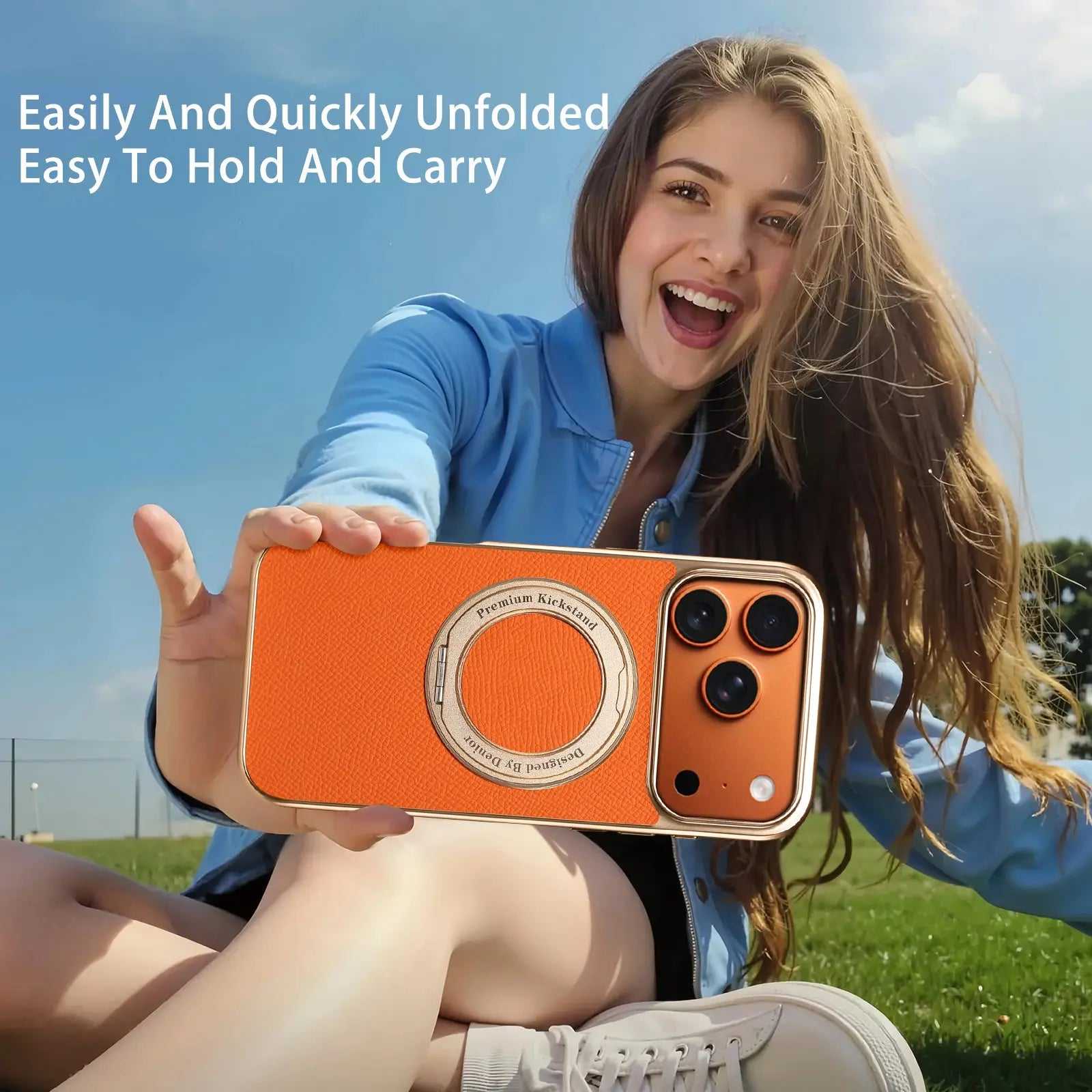 Orange MagSafe leather iPhone case with hand grip from PADUCASE, offering full protection and a stylish, textured design.