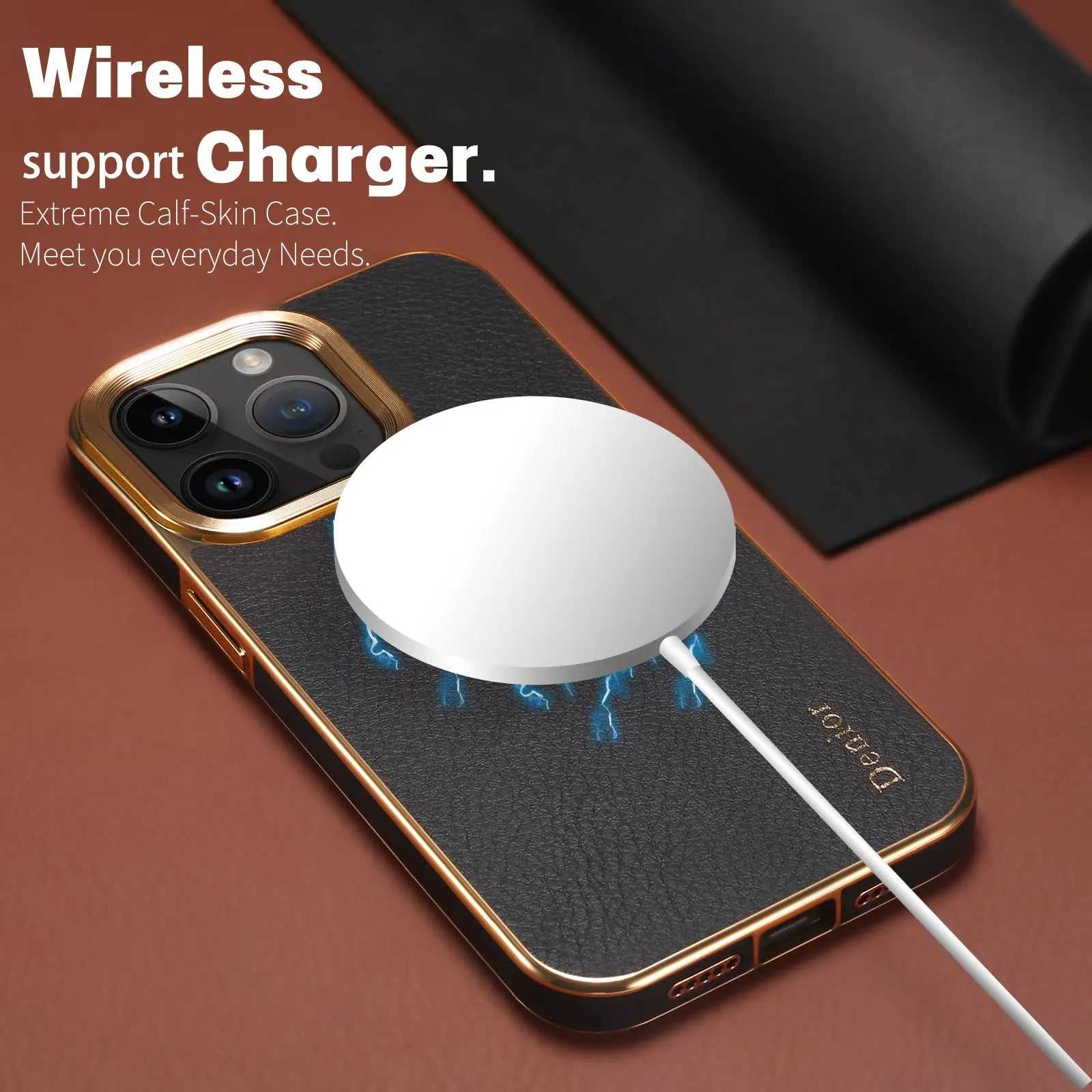 Black premium leather MagSafe iPhone case by PADUCASE, showing the sleek design and textured surface for iPhone protection.