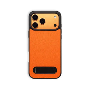 Orange leather iPhone case with built-in stand from PADUCASE, featuring durable protection and stylish design.