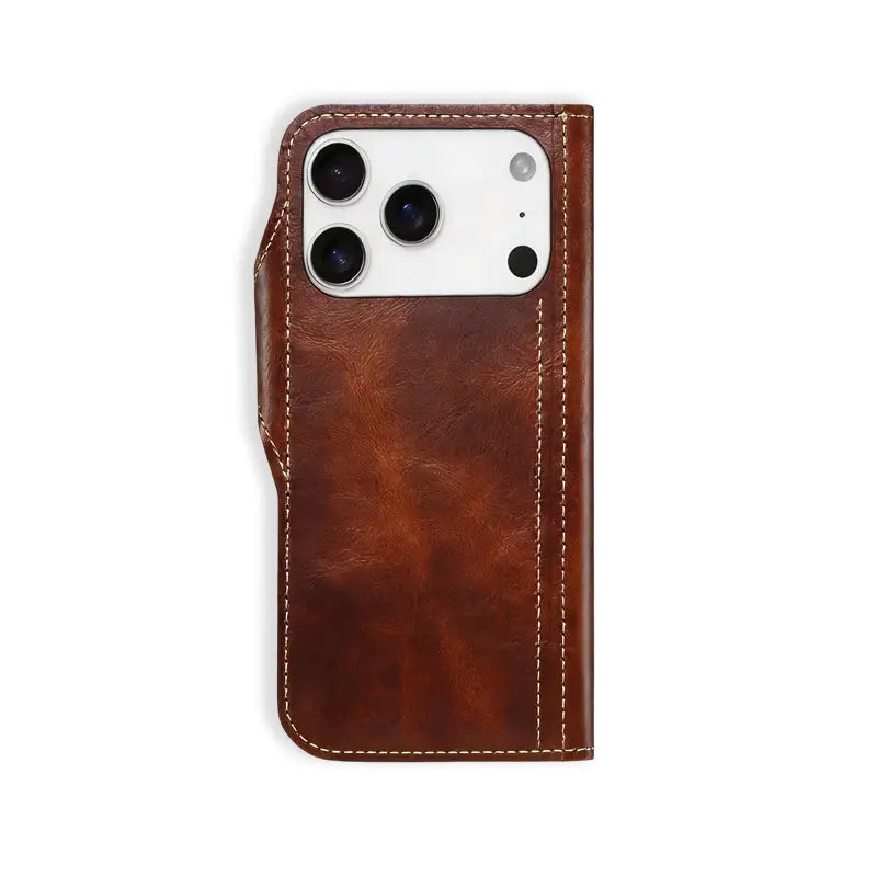 Brown PADUCASE iPhone case with card holder, strap, leather flip folio design, providing protection and storage for your phone.