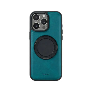 Brown leather iPhone case with built-in stand by PADUCASE, providing durable protection and a convenient viewing angle.