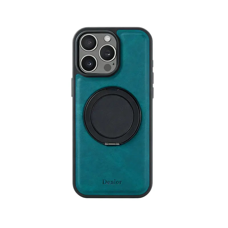 Brown leather iPhone case with built-in stand by PADUCASE, providing durable protection and a convenient viewing angle.
