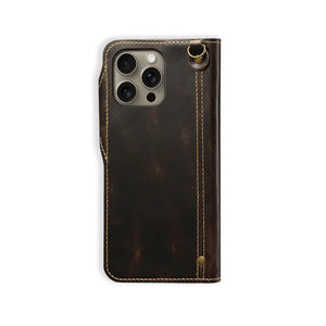 Black leather iPhone case with card holder and flip wallet design from PADUCASE, featuring a sleek, protective phone cover with card slots.