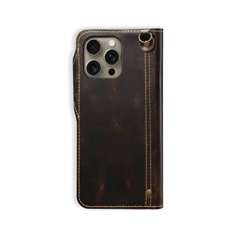 Black leather iPhone case with card holder and flip wallet design from PADUCASE, featuring a sleek, protective phone cover with card slots.