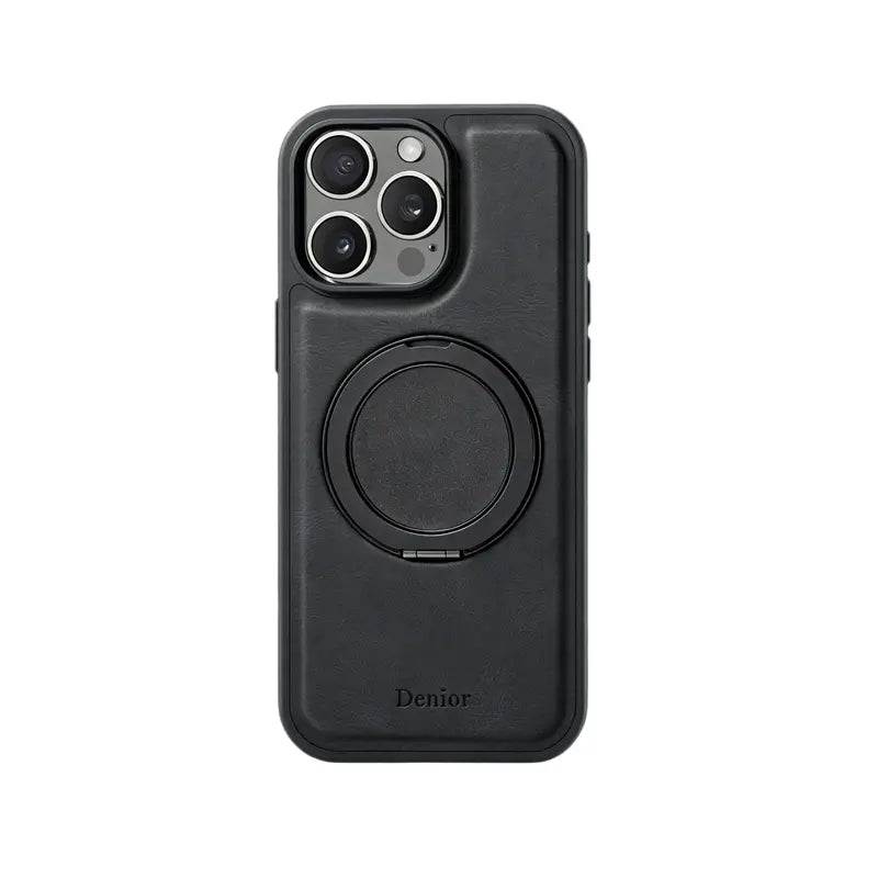 Brown leather iPhone case with built-in stand by PADUCASE, offering durable protection and convenient hands-free viewing.