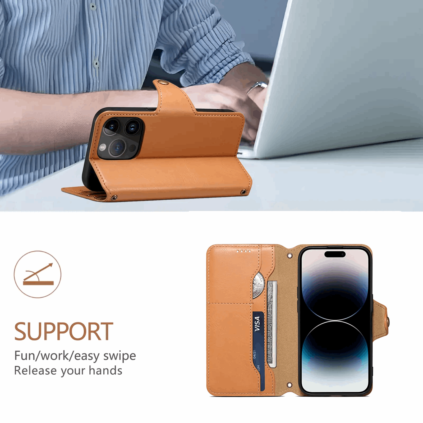 PADUCASE leather wallet iPhone case with card holder in khaki, flip cover protection, slim design, and functional storage.