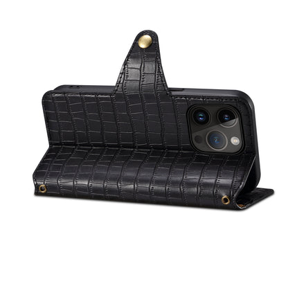 Alligator Print Phone Case With Wallet And Strap For iPhone Black-644008992013