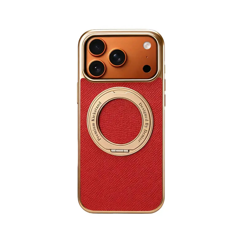PADUCASE MagSafe leather iPhone case with hand grip, full protection in orange, designed for secure grip and stylish protection.