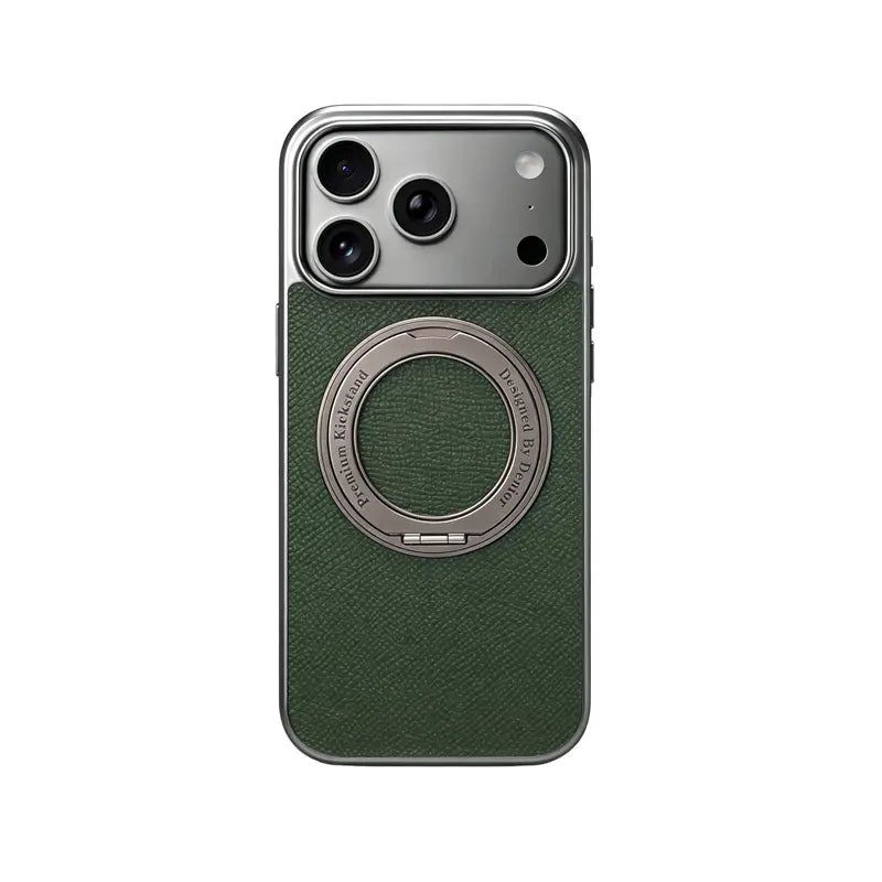 PADUCASE MagSafe leather iPhone case with hand grip in orange, offering full protection and stylish design.