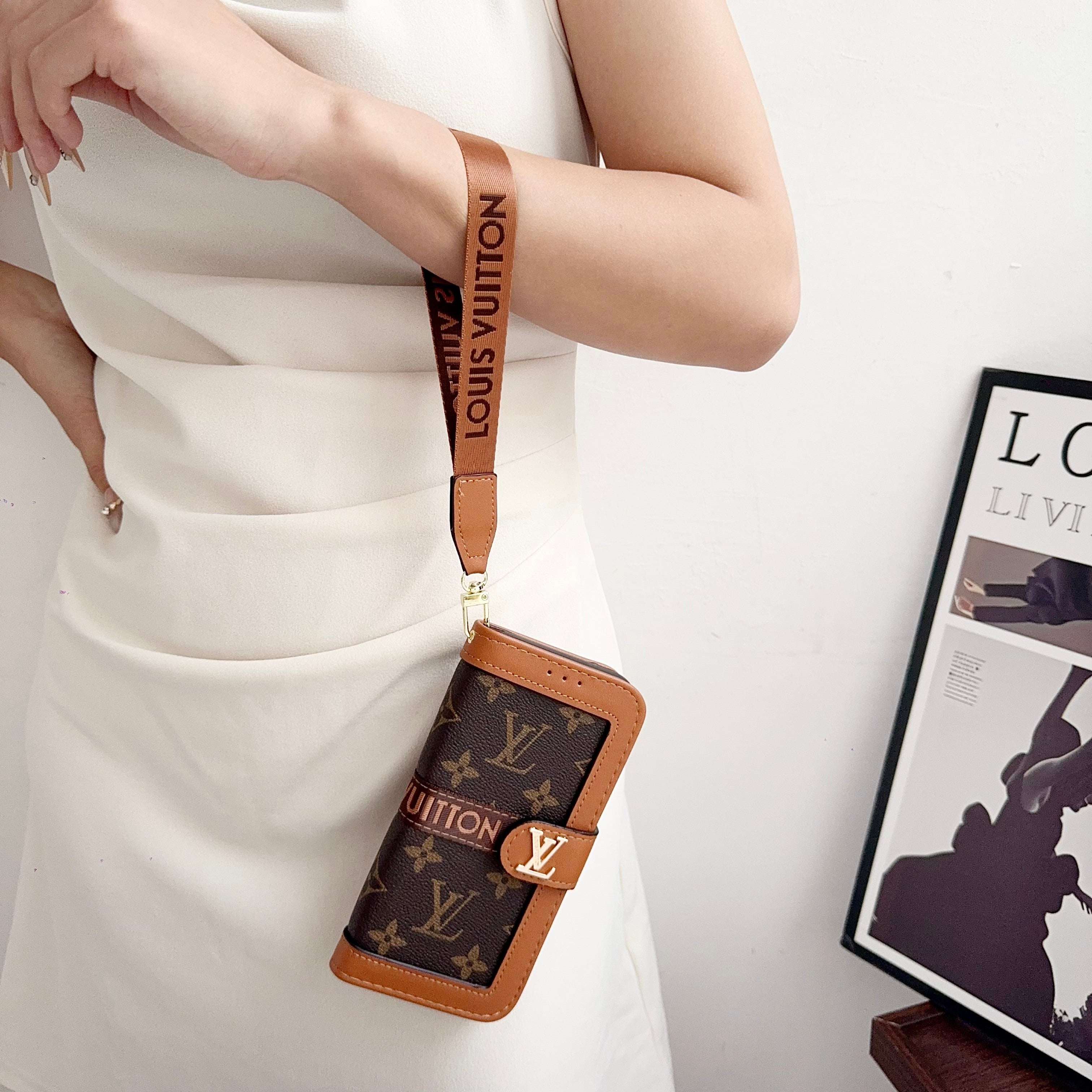 Leather Leather Flip Monogram Phone Case With Card Holder And Strap Big Printing -RCLV172