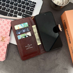 Leather Folio Monogram iPhone Case With Card Holder And Strap Black-RCLV173