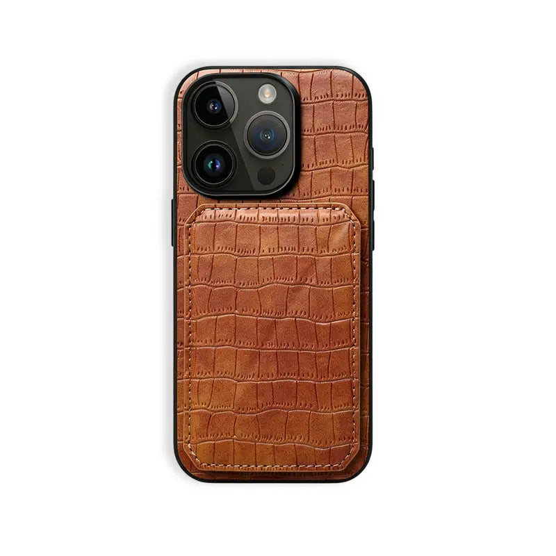 Brown PADUCASE wallet iPhone case with integrated card holder, featuring a sleek design and multiple card slots.