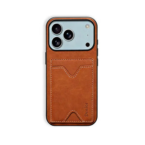 Brown leather iPhone case by PADUCASE with card holder and foldable stand for iPhone 12 to 17 models, showing the case open and closed.