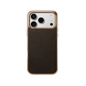 Brown leather iPhone case compatible with iPhone 12 to 17 by PADUCASE, showing sleek design and precise cutouts.