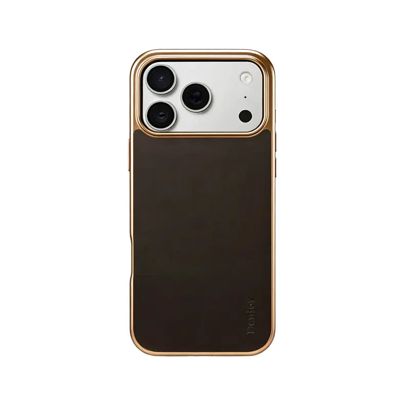 Brown leather iPhone case compatible with iPhone 12 to 17 by PADUCASE, showing sleek design and precise cutouts.