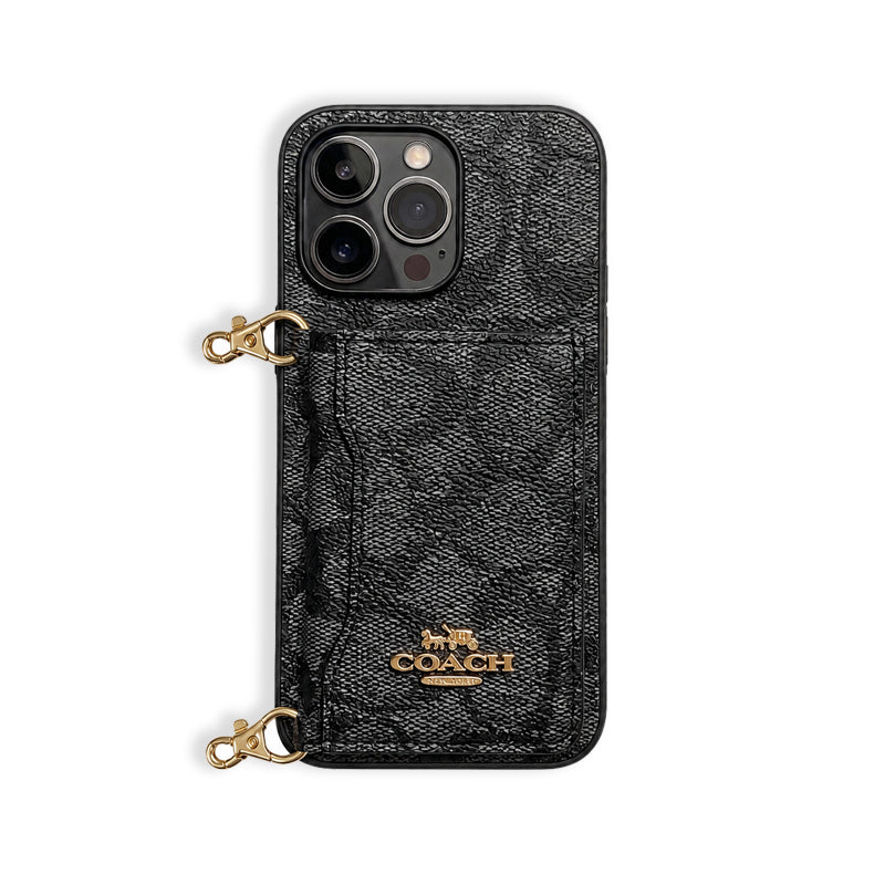 Leather CH Phone Case With Wallet  and Lanyard For iPhone Black | PE260094