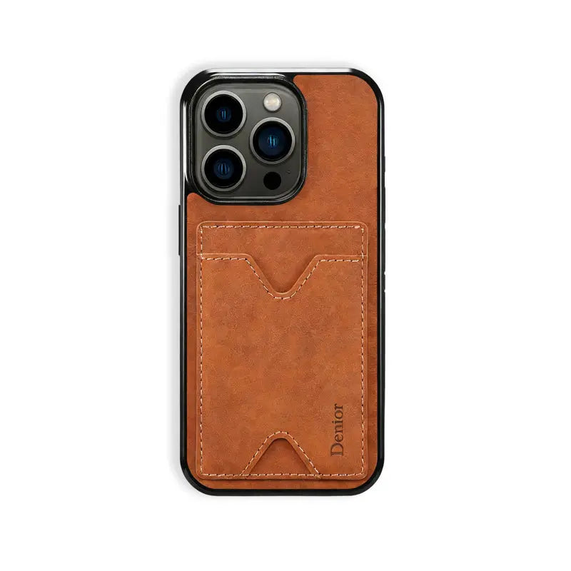 Brown leather iPhone case with card holder and stand feature by PADUCASE, showing the textured leather exterior and functional design.