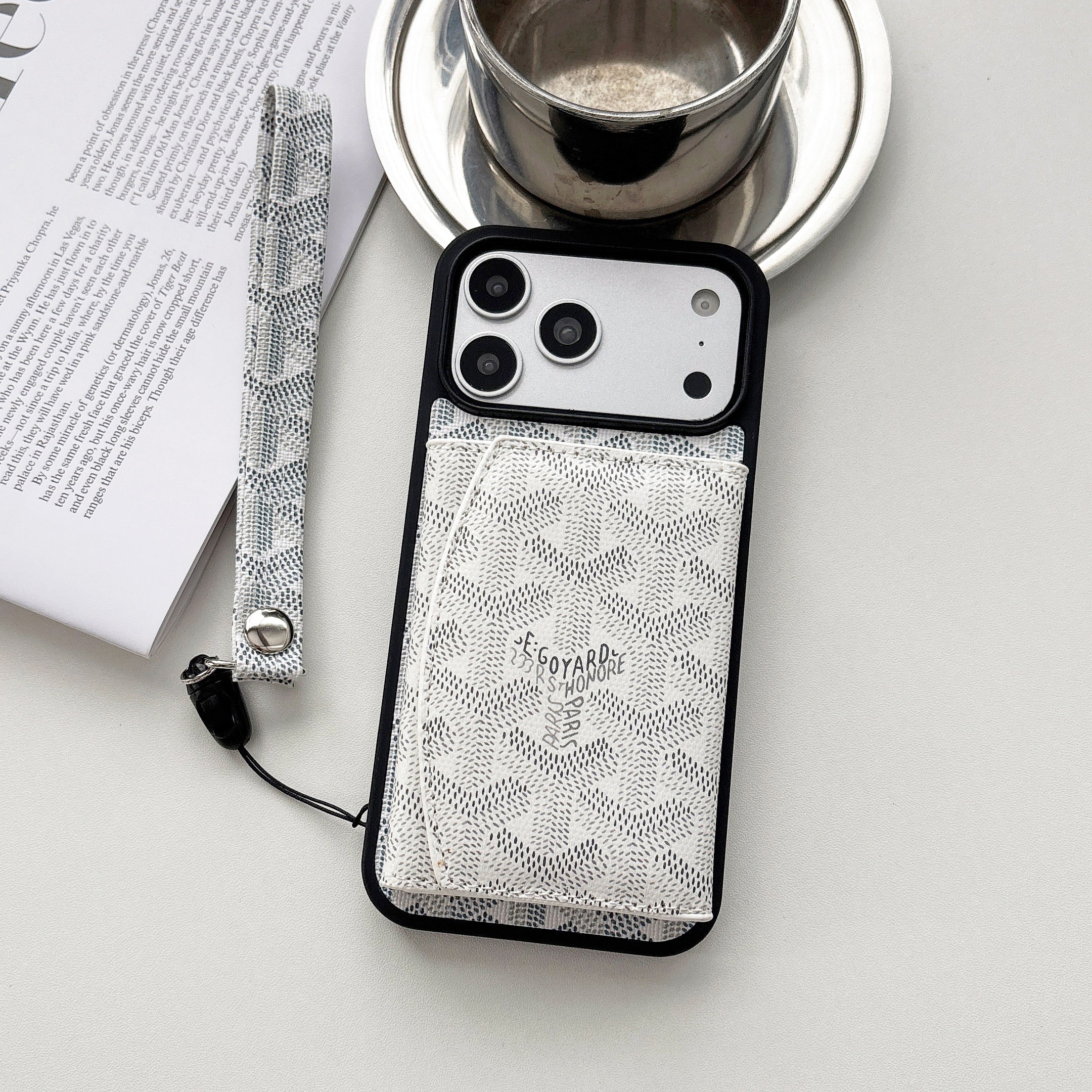 Leather GD iPhone Case With Card Holder And Strap (White) | PE260089