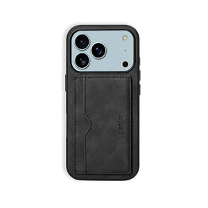 Black leather iPhone case with integrated card holder for iPhone 12 to 17, featuring a sleek and protective design by PADUCASE.