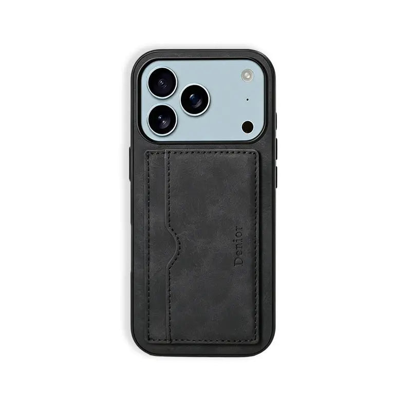 Black leather iPhone case with integrated card holder for iPhone 12 to 17, featuring a sleek and protective design by PADUCASE.