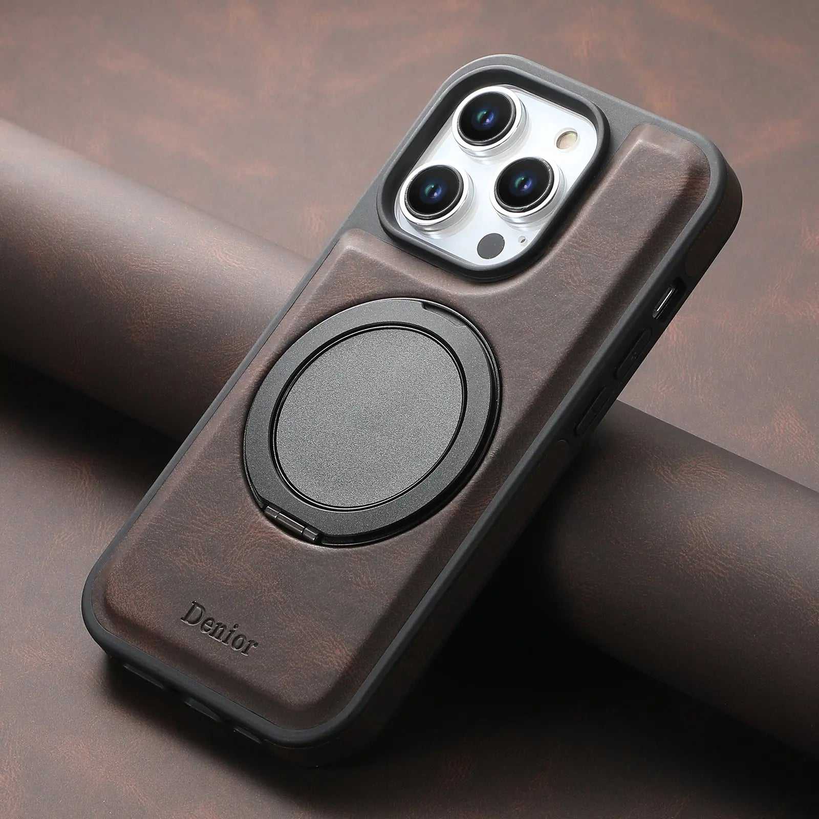Brown leather iPhone case with built-in stand by PADUCASE, offering durable protection and convenient hands-free viewing.