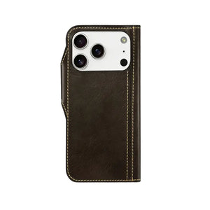 Brown PADUCASE iPhone case with card holder, strap, and leather flip folio design, offering protective and stylish phone coverage.