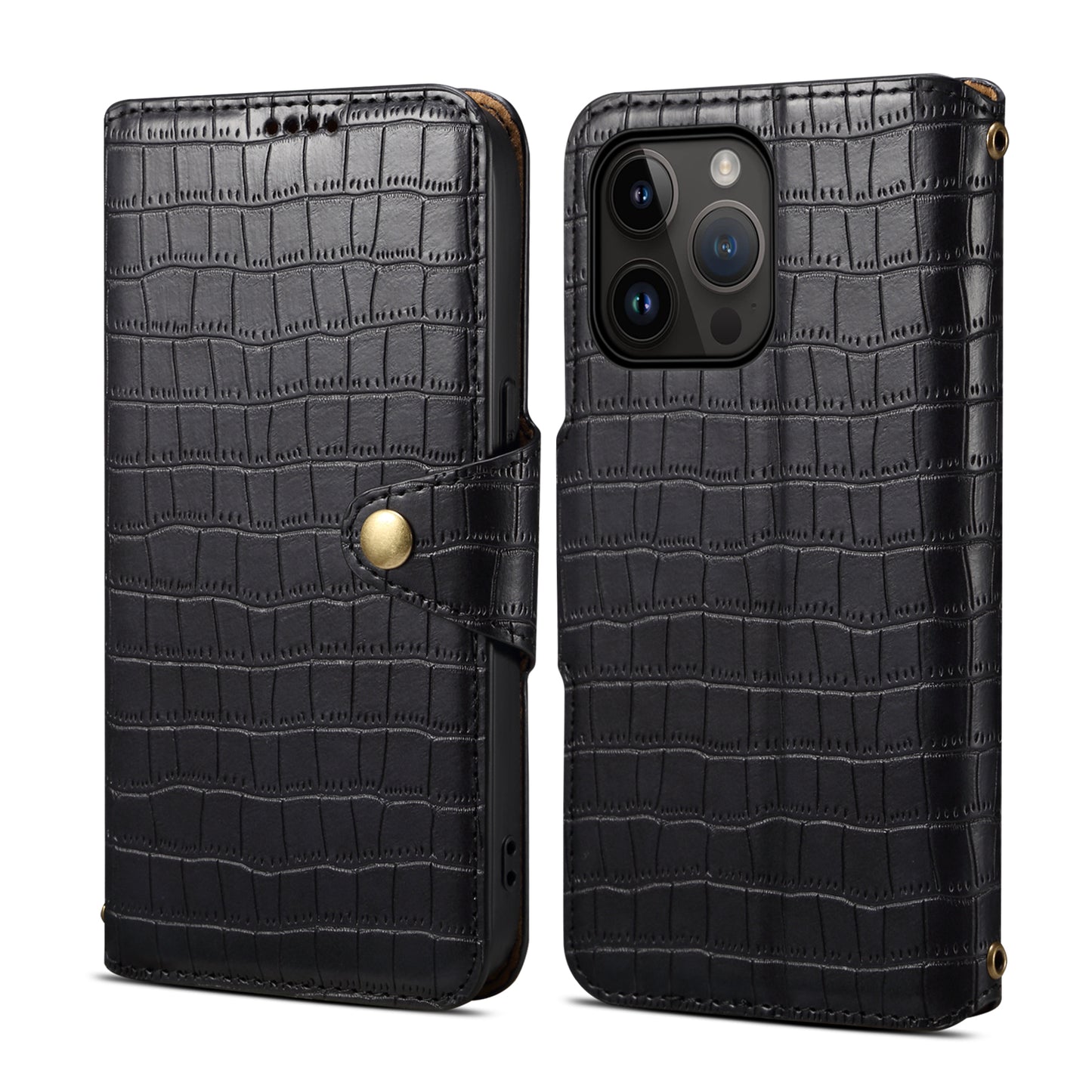 Alligator Print Phone Case With Wallet And Strap For iPhone Black-644008992013