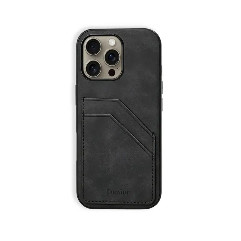 Black leather iPhone case with built-in card holder from PADUCASE, providing full protection and convenient card storage.