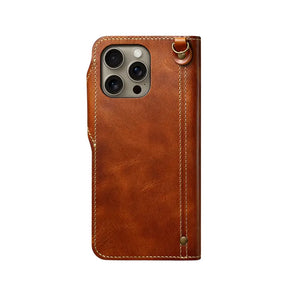 Black PADUCASE leather iPhone case with flip wallet design and built-in card holder, offering stylish protection and convenience.