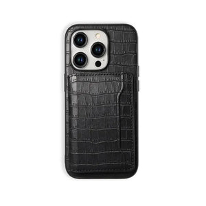 Black leather wallet iPhone case by PADUCASE with sleek design, featuring card slots and precise cutouts for phone access.