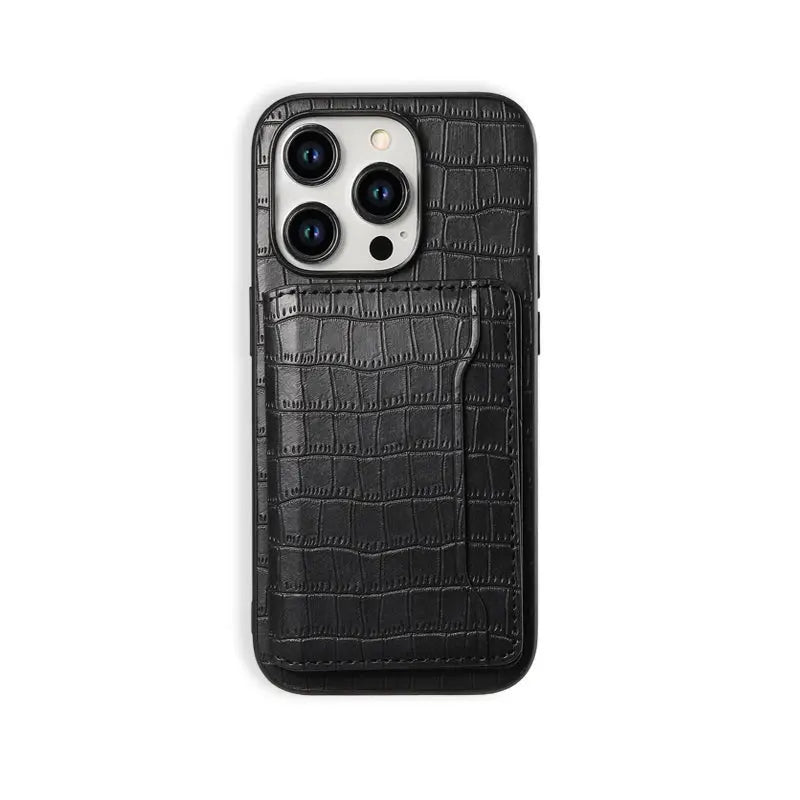 Black leather wallet iPhone case by PADUCASE with sleek design, featuring card slots and precise cutouts for phone access.