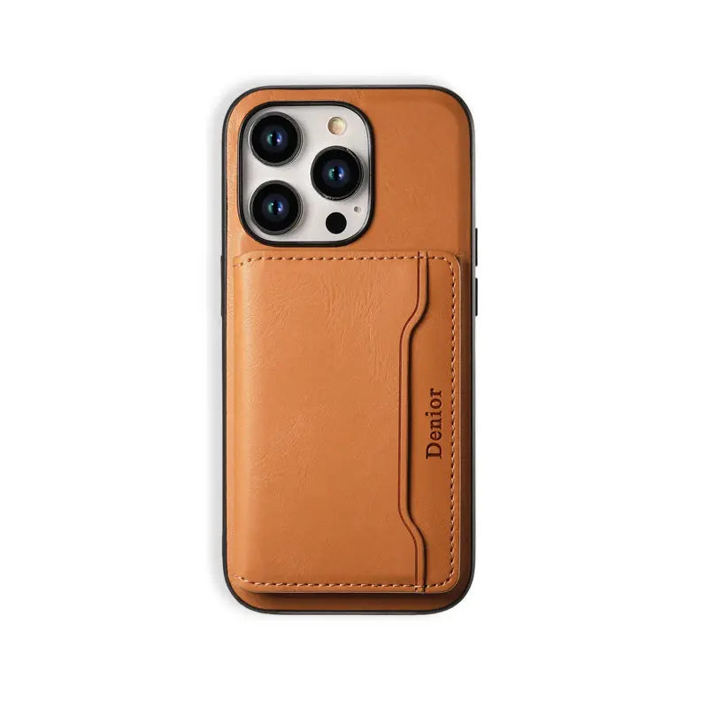 PadUcase MagSafe iPhone case with khaki card holder and wallet attachment, designed for secure card storage and phone protection.
