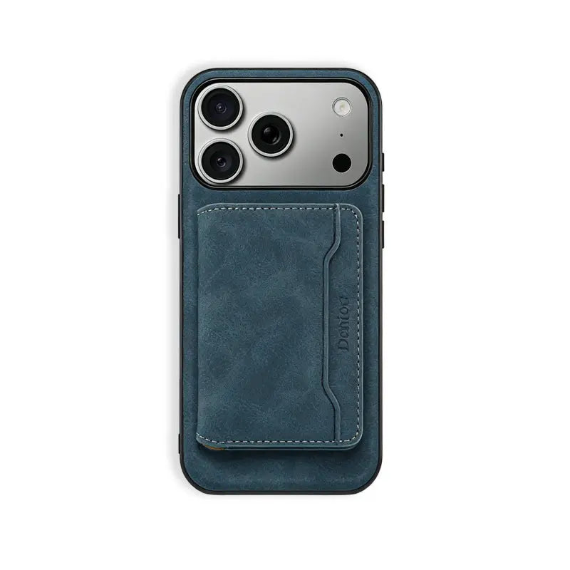 Blue leather iPhone case with MagSafe magnetic wallet for iPhone 12 to 17, featuring a sleek design and secure attachment.