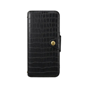 Brown leather iPhone flip case with card holder and strap by PADUCASE, showing the front view with open flip cover and card slots.
