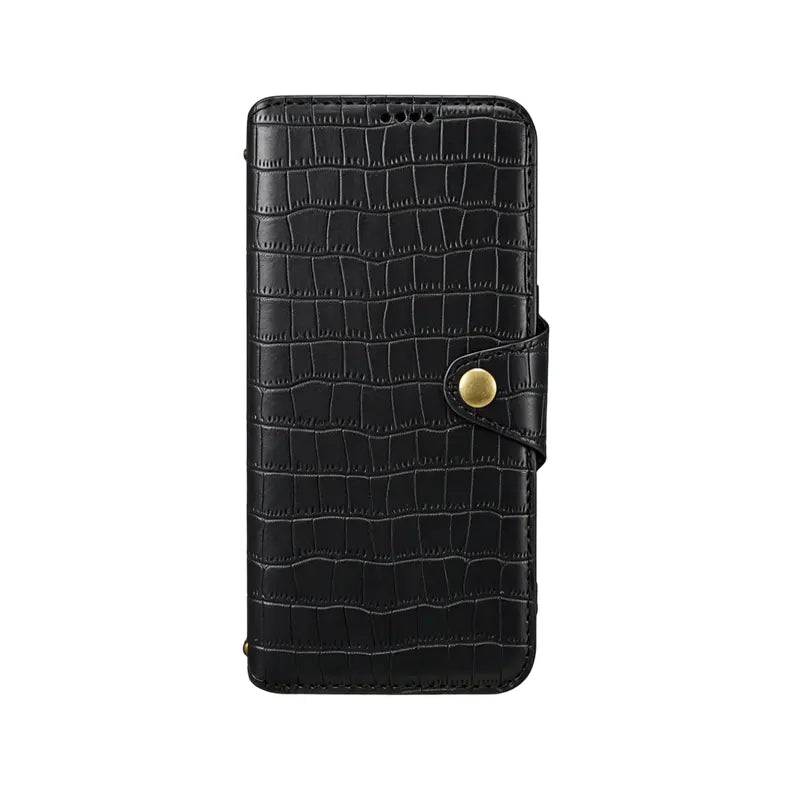 Brown leather iPhone flip case with card holder and strap by PADUCASE, showing the front view with open flip cover and card slots.