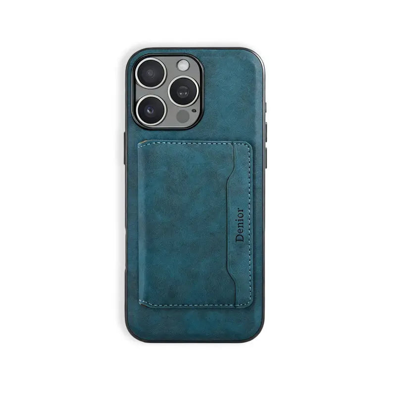 Blue leather iPhone case with MagSafe card holder by PADUCASE, showing the case's sleek design and attached card slot.