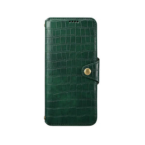 Brown leather flip iPhone case with card holder and strap by PADUCASE, showing the front view with open flap and card slot.