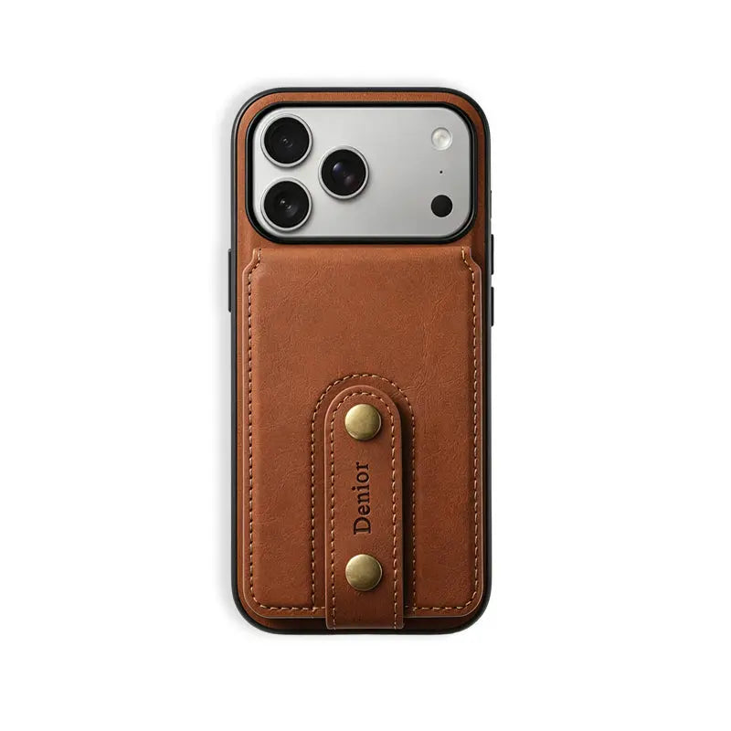Brown leather MagSafe wallet iPhone case compatible with iPhone 12 to 17 by PADUCASE, featuring a slim design and card storage.