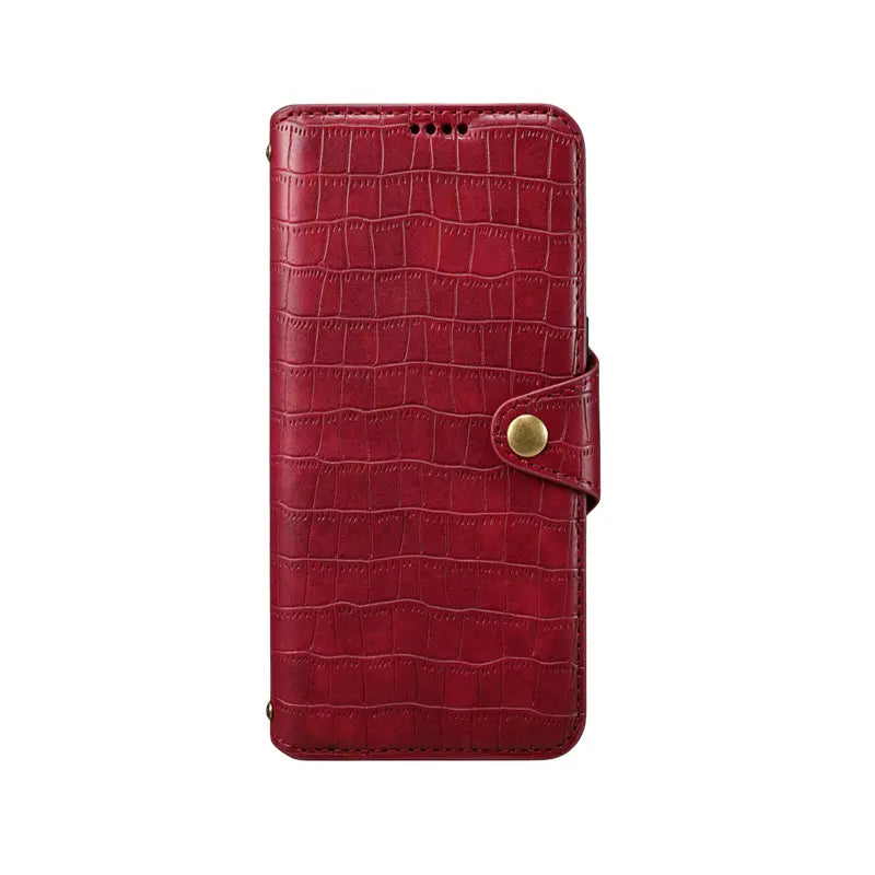 Brown leather iPhone flip case with card holder and strap by PADUCASE, showing the front view with open flap and card slots.