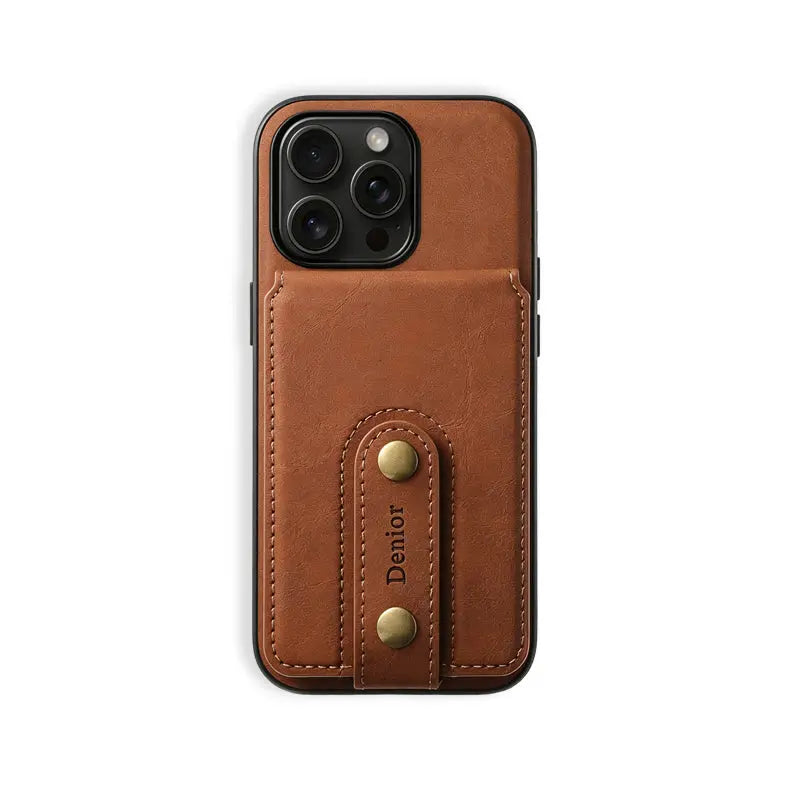 Brown PADUCASE MagSafe iPhone case with built-in leather wallet, offering full protection and sleek design.
