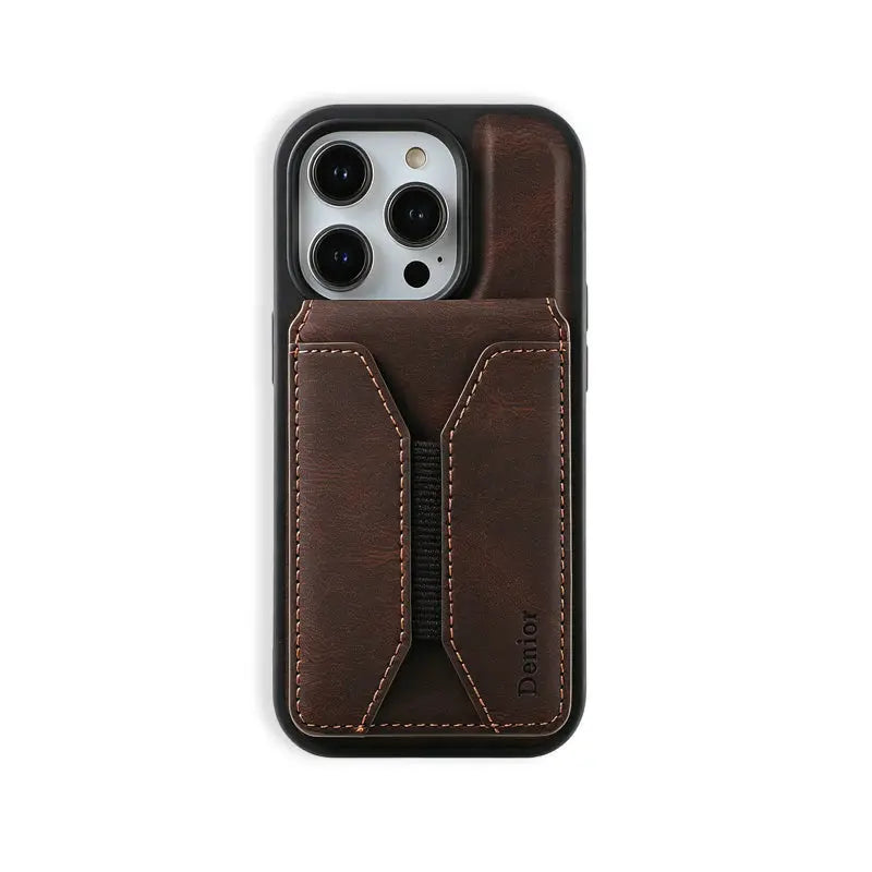 Brown leather MagSafe iPhone case with magnetic card holder by PADUCASE, shown on a smartphone with the card slot visible.