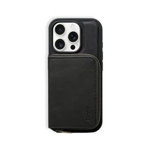 Black MagSafe leather iPhone case with integrated magnetic wallet by PADUCASE, featuring a sleek design and precise cutouts.