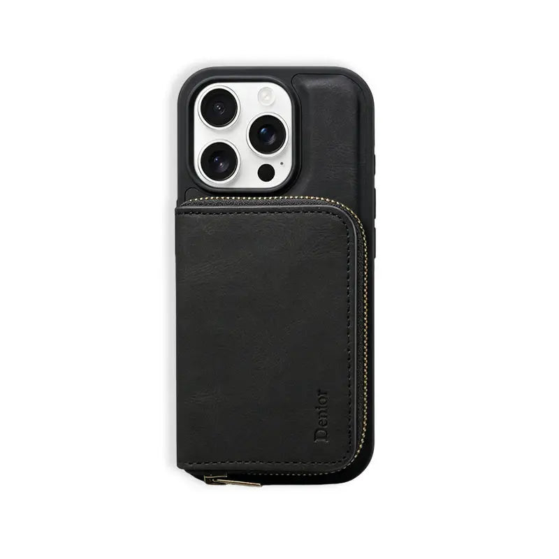 Black MagSafe leather iPhone case with integrated magnetic wallet by PADUCASE, featuring a sleek design and precise cutouts.