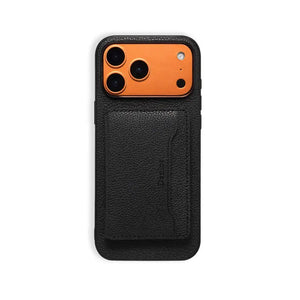 Black leather MagSafe cardholder iPhone case compatible with iPhone 12 to 17 by PADUCASE, featuring a sleek design and magnetic attachment.