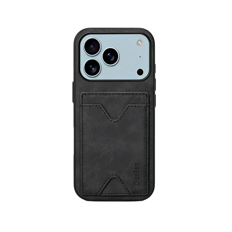 Brown leather iPhone case with card holder and foldable stand for iPhone 12–17, featuring sleek design and functional features.