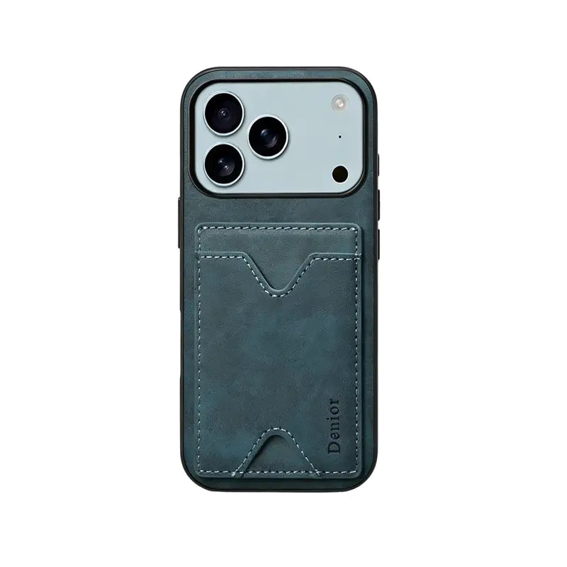 Brown leather iPhone case with card holder and foldable stand for iPhone 12 to 17, featuring a sleek, protective design.