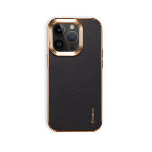 Black premium leather MagSafe iPhone case by PADUCASE with precise cutouts and sleek design, shown on a white background.