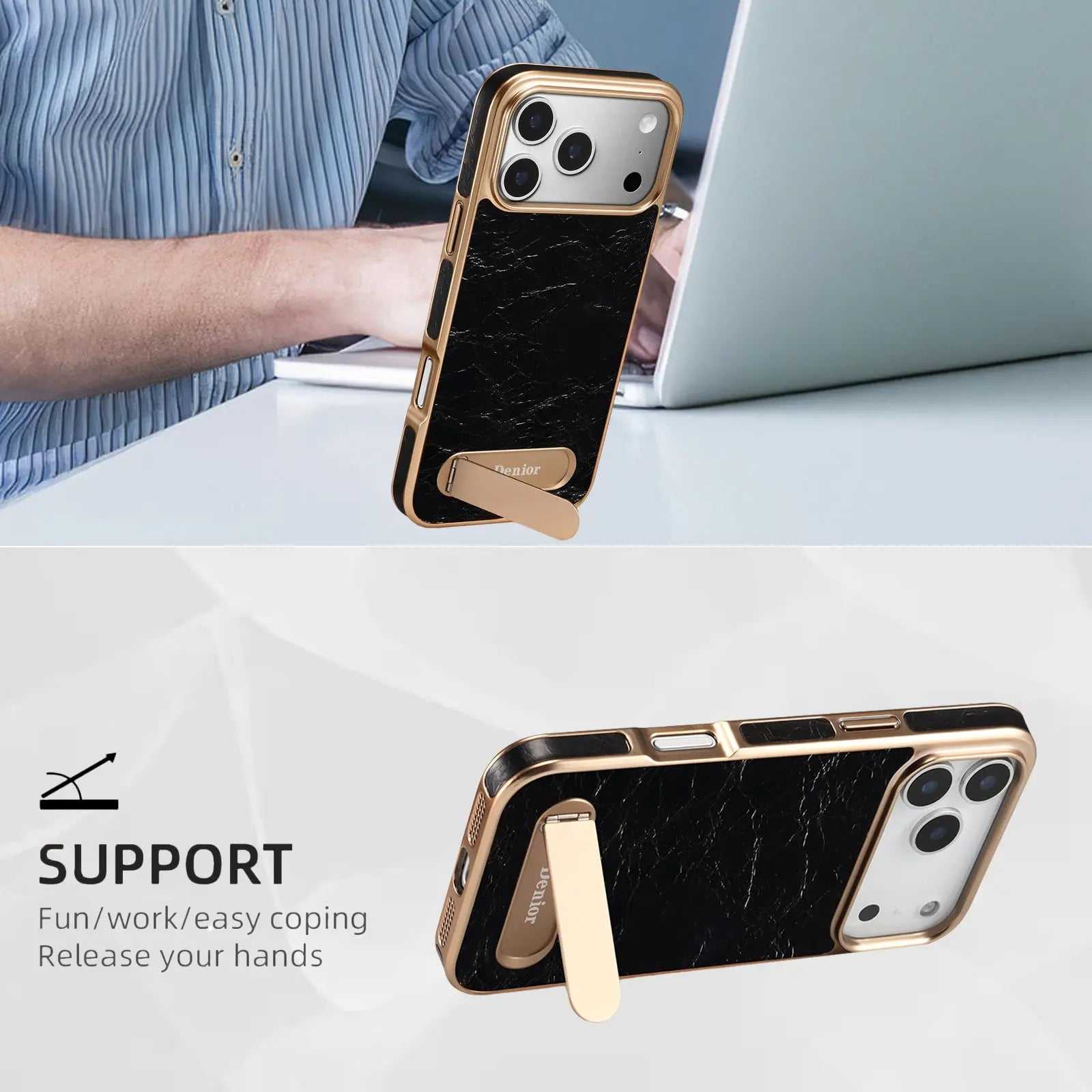 Black leather iPhone case with foldable stand and MagSafe compatibility by PADUCASE, featuring a sleek design and precise cutouts.